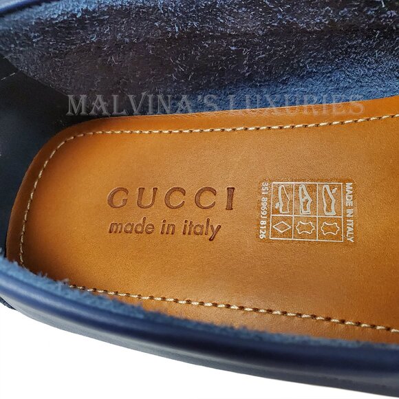 GUCCI SHOES MENS LOAFERS MOCCASINS G LOGO BLUE LEATHER - Picture 11 of 16